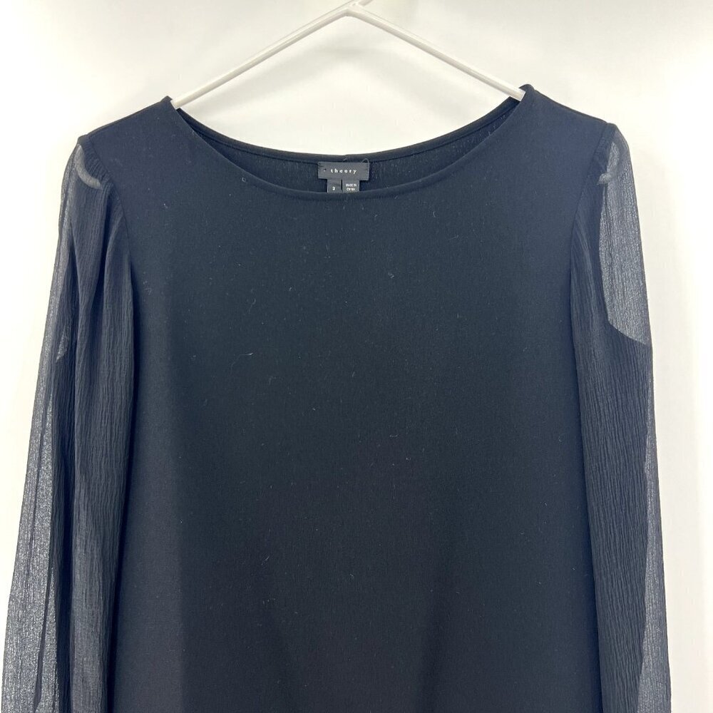 Theory Black Sheer Sleeve Shift Dress Womens Size 2 Silk Sleeves - Picture 2 of 7